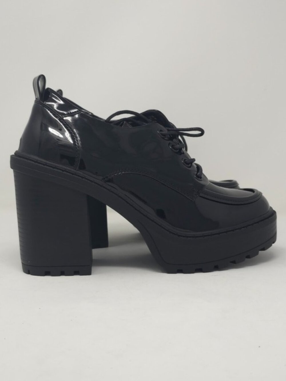 Black Patent Platform Oxford Heels Chunky Lug Sole Lace Up Trendy - Picture 3 of 10